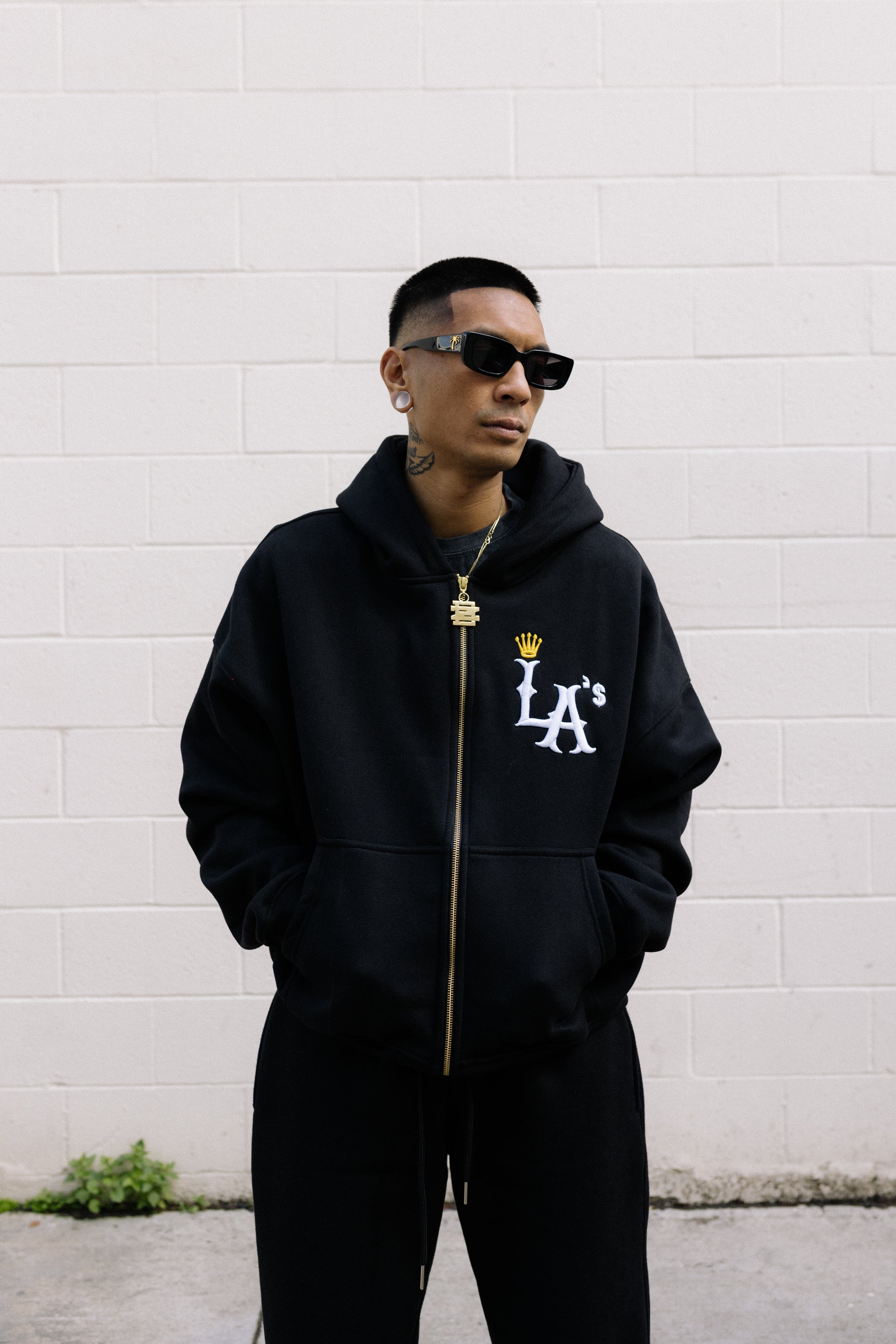 (BLACK) LA TIME IS MONEY CUT & SEW ZIP-UP HOODIE