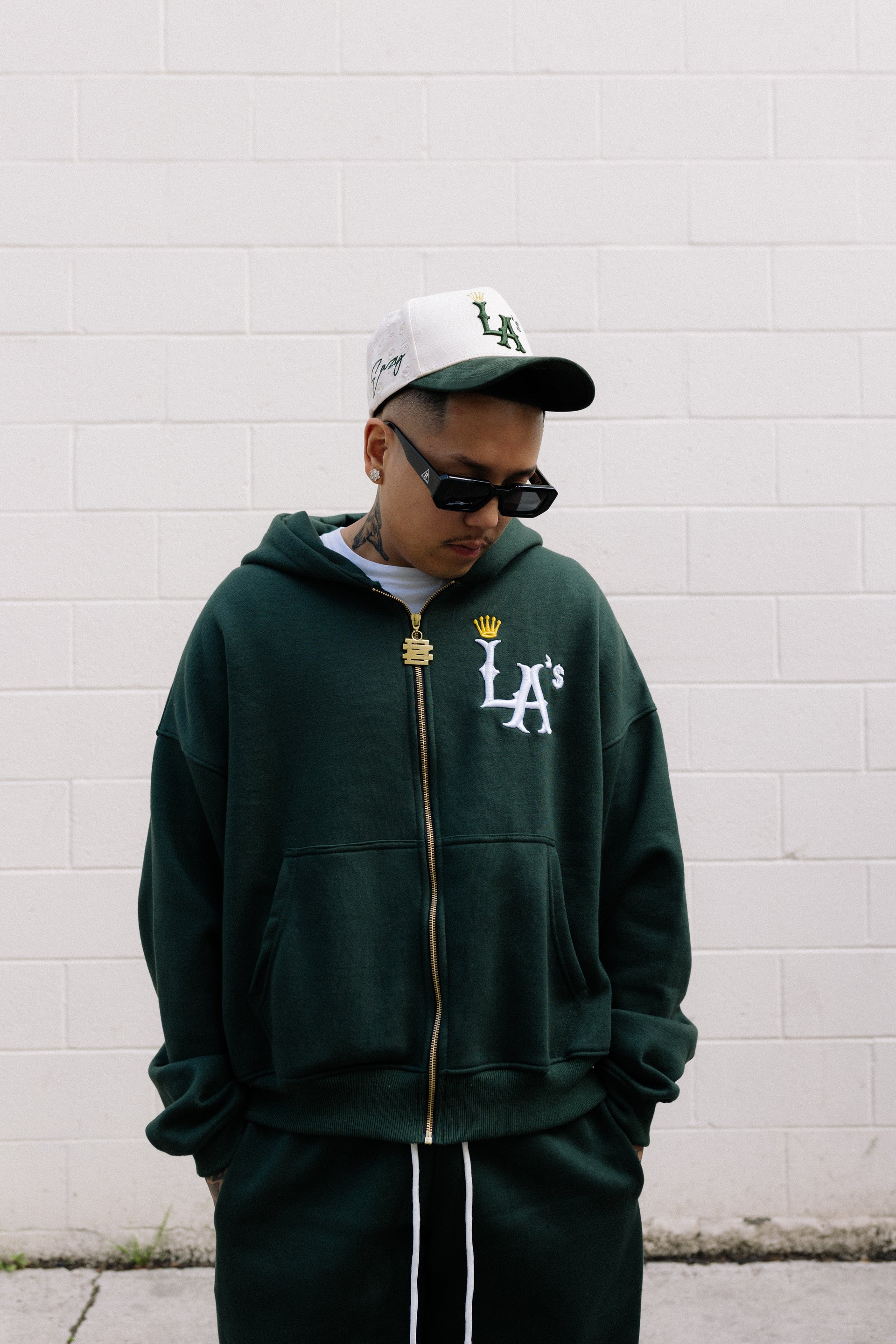 (GREEN) LA TIME IS MONEY CUT & SEW ZIP-UP HOODIE