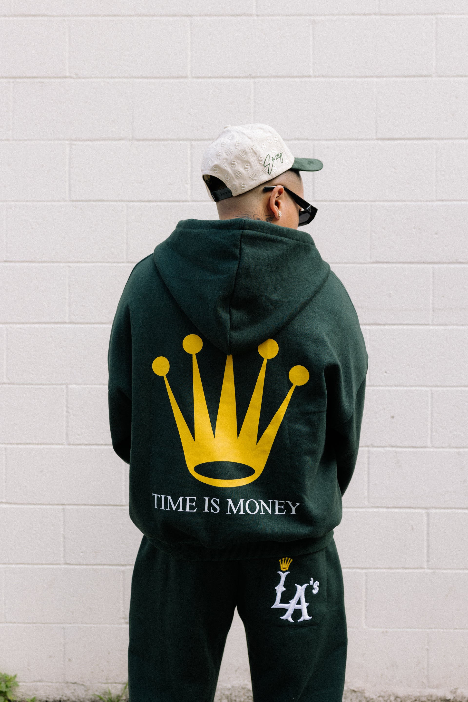 (GREEN) LA TIME IS MONEY CUT & SEW ZIP-UP HOODIE