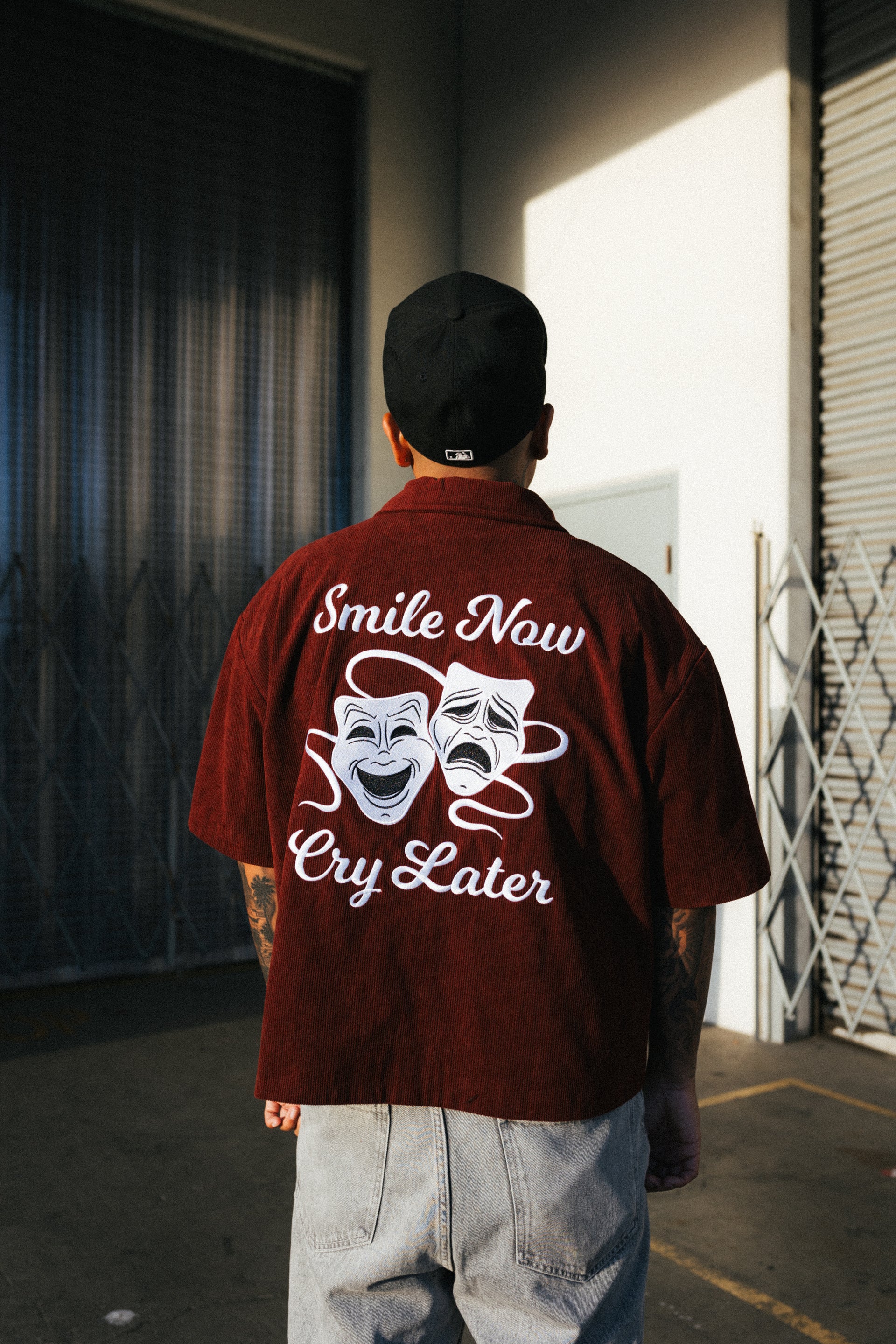 (MAROON) CORDUROY SMILE NOW CRY LATER FULL ZIP WORK SHIRT