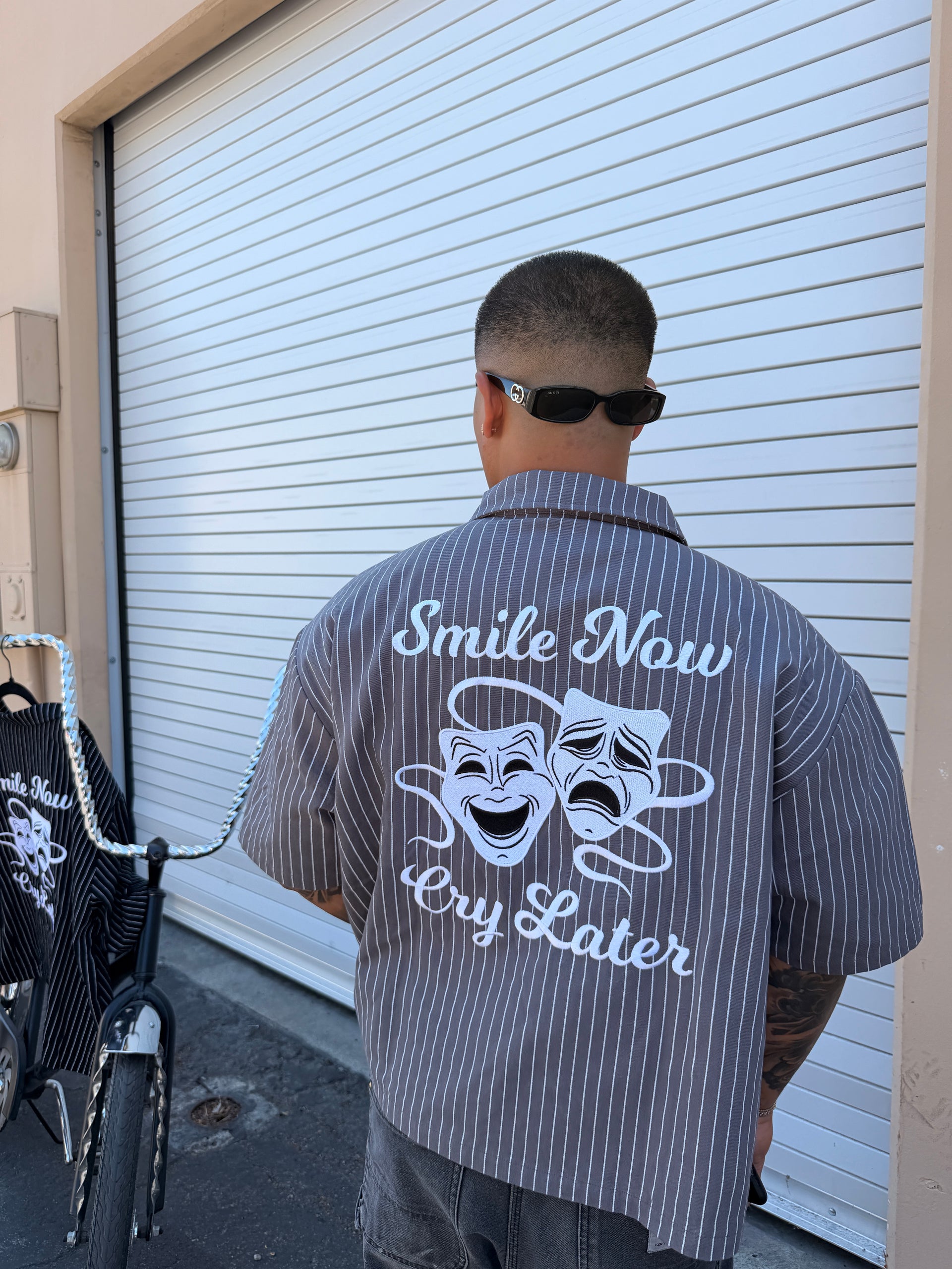 GREY/WHITE PINSTRIPE SMILE NOW CRY LATER WORK SHIRT