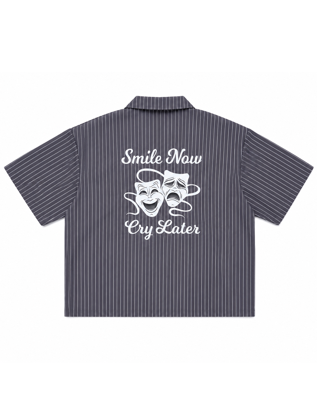 GREY/WHITE PINSTRIPE SMILE NOW CRY LATER WORK SHIRT