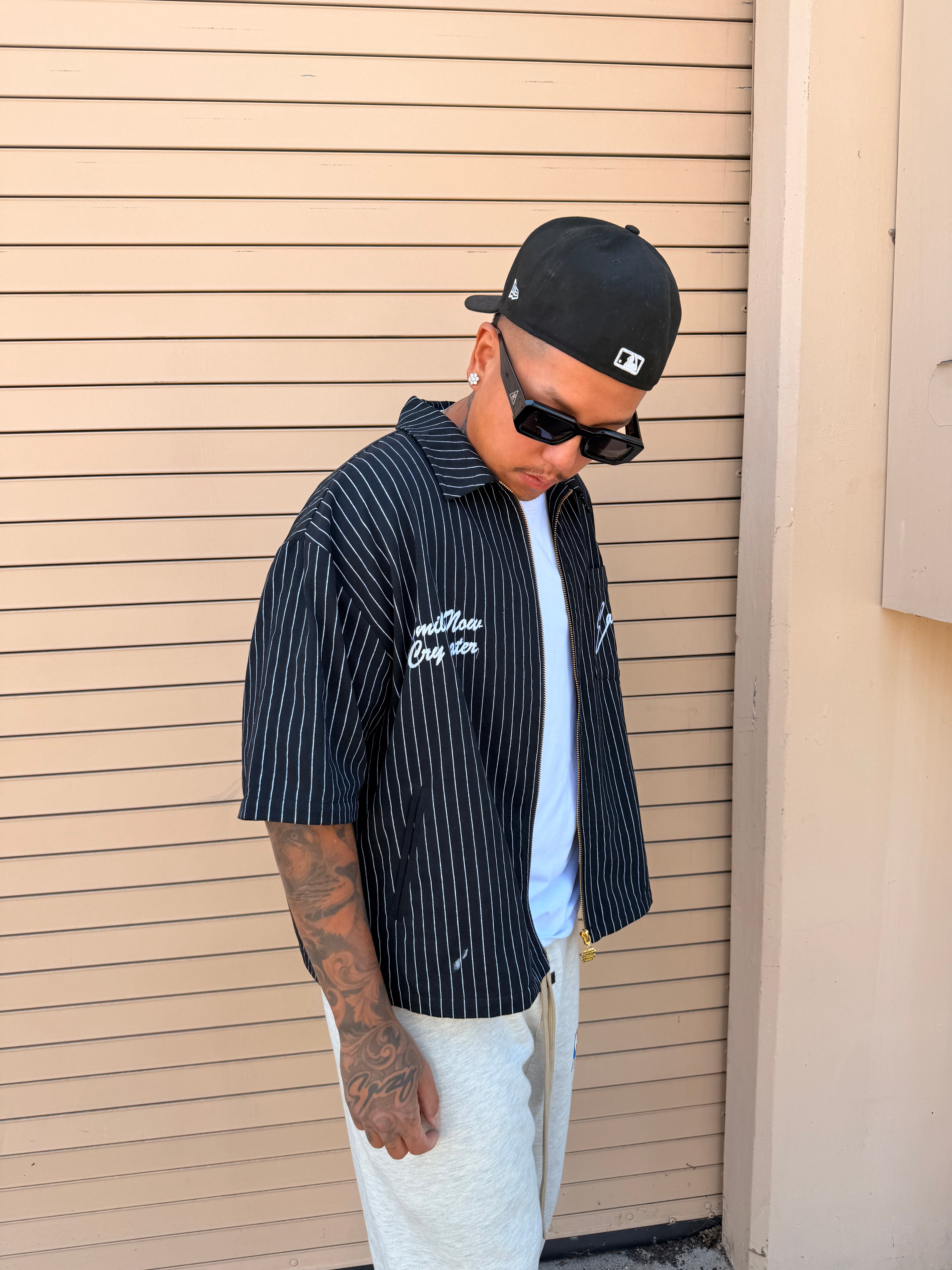 BLACK/WHITE PINSTRIPE SMILE NOW CRY LATER WORK SHIRT