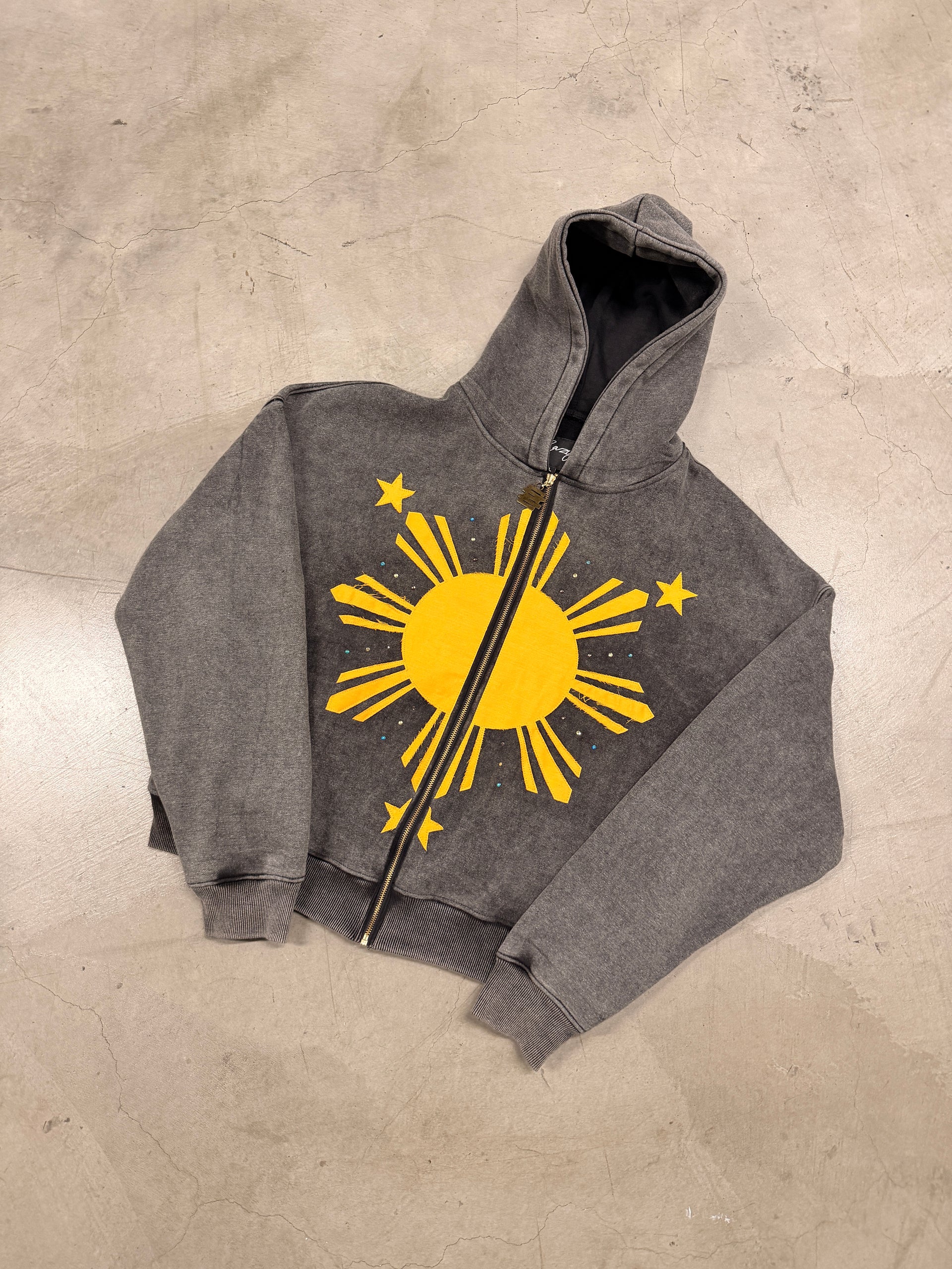 BLACK ACID WASH FILIPINO SUN HOODIE