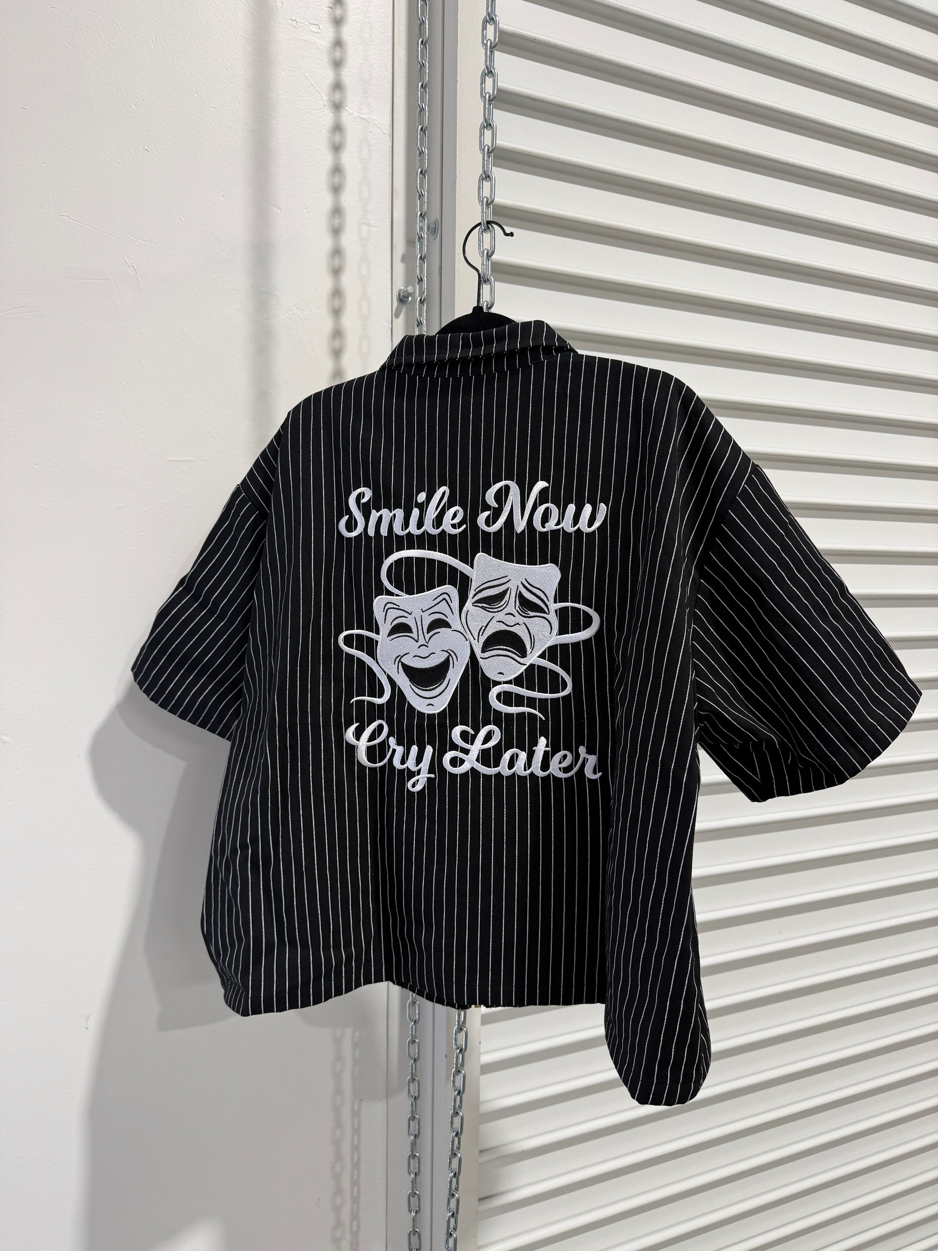 BLACK/WHITE PINSTRIPE SMILE NOW CRY LATER WORK SHIRT