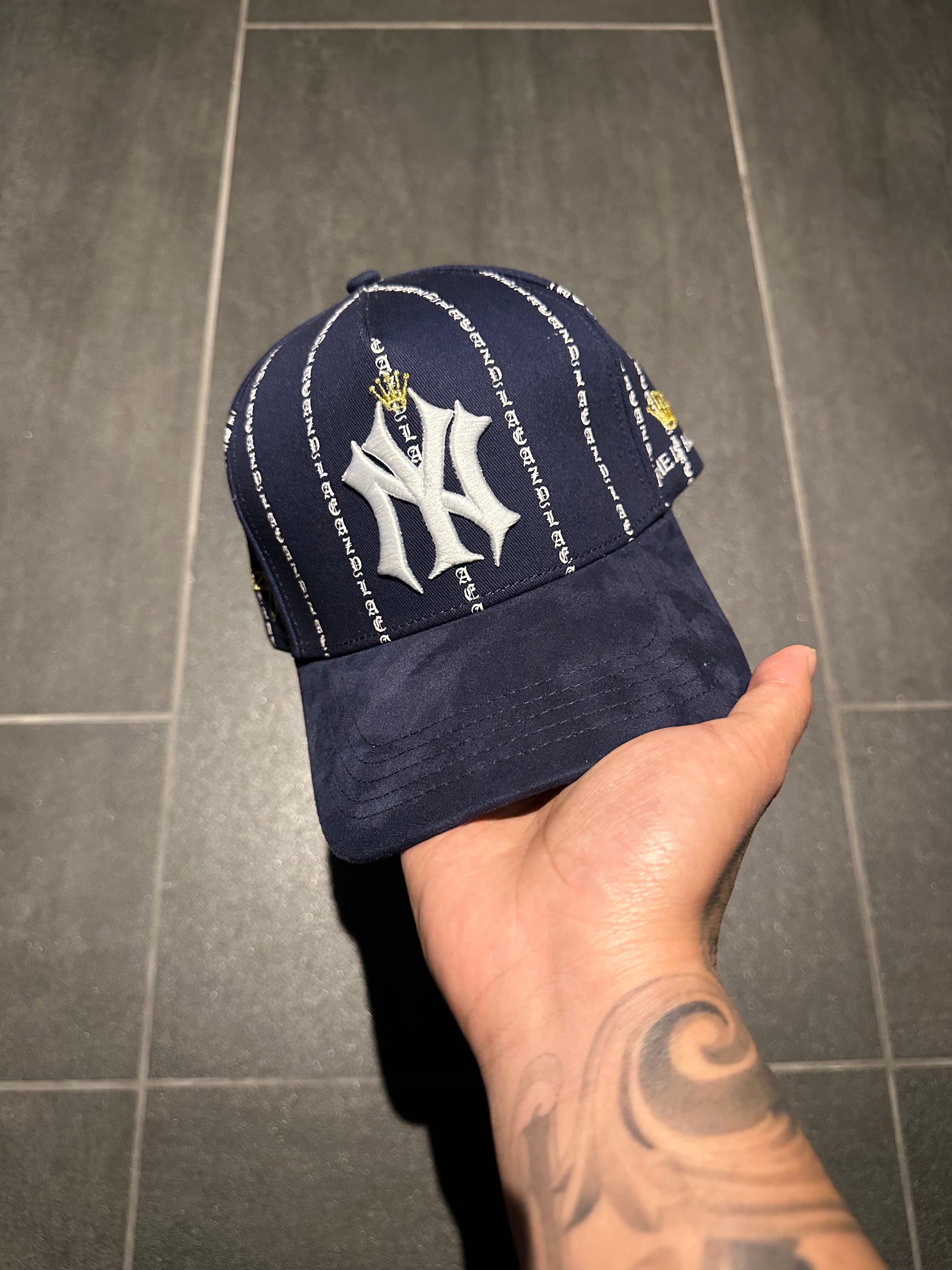 (NAVY) PINSTRIPE SUEDE NY $ TIME IS MONEY SNAP