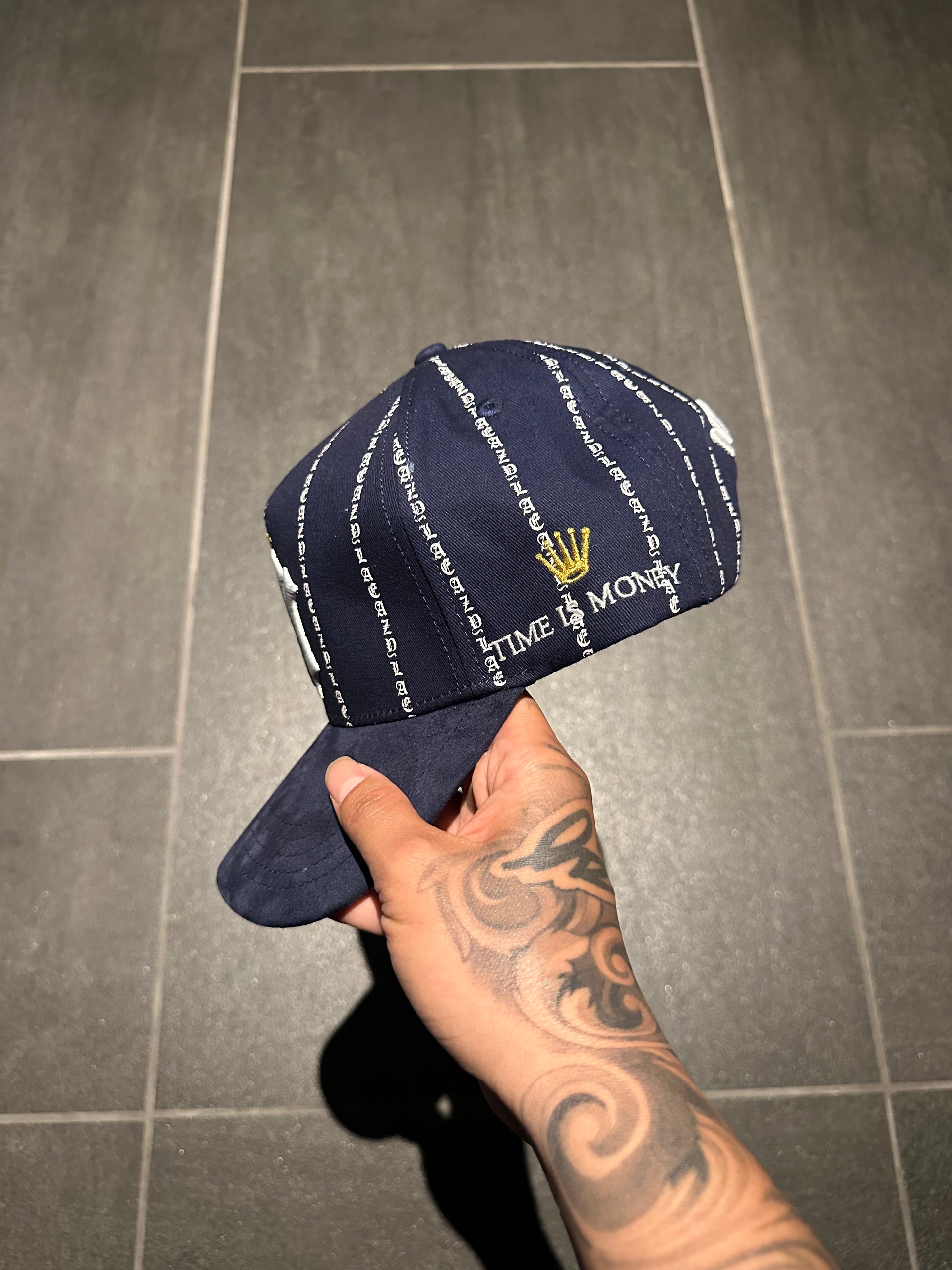 (NAVY) PINSTRIPE SUEDE NY $ TIME IS MONEY SNAP