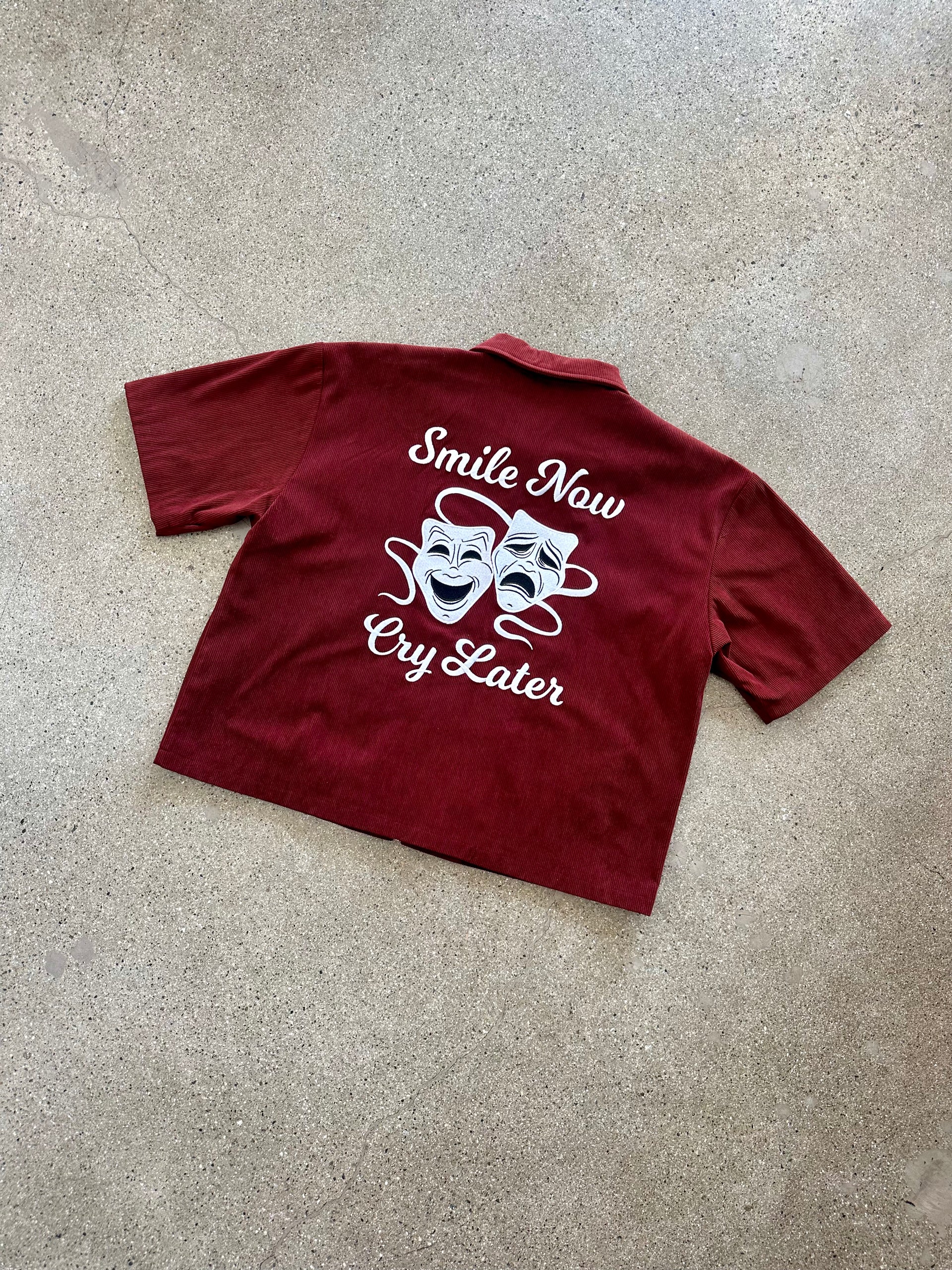 (MAROON) CORDUROY SMILE NOW CRY LATER FULL ZIP WORK SHIRT