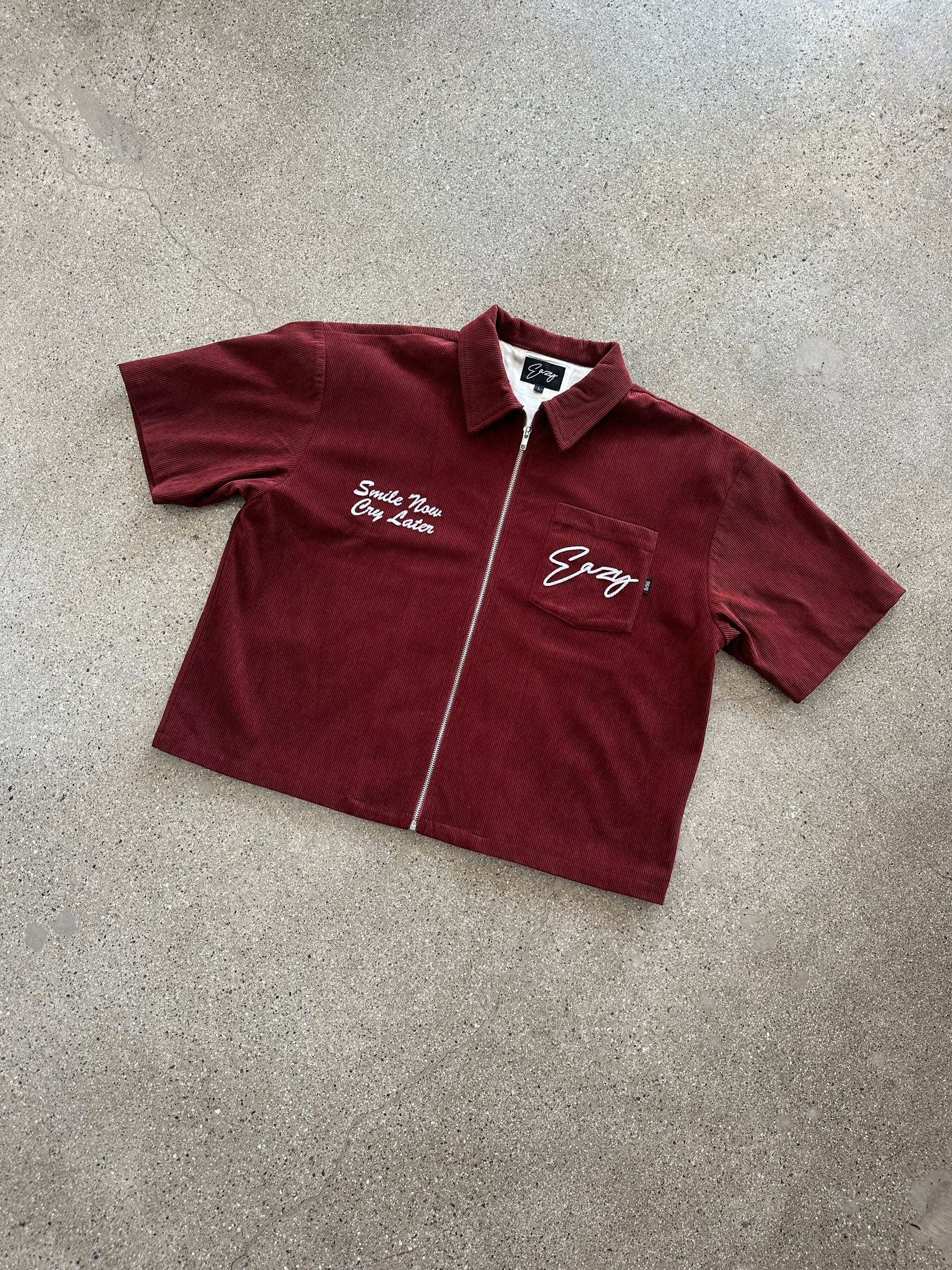 (MAROON) CORDUROY SMILE NOW CRY LATER FULL ZIP WORK SHIRT