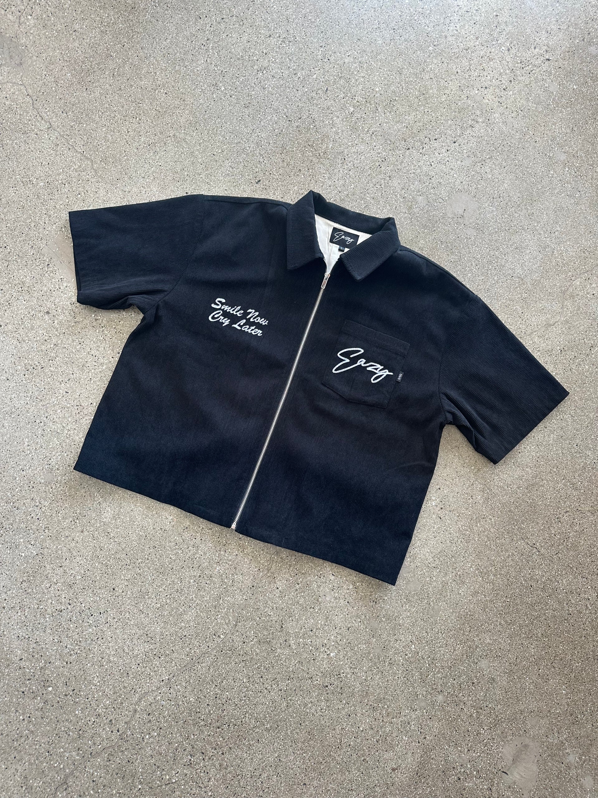 (BLACK) CORDUROY SMILE NOW CRY LATER FULL ZIP WORK SHIRT