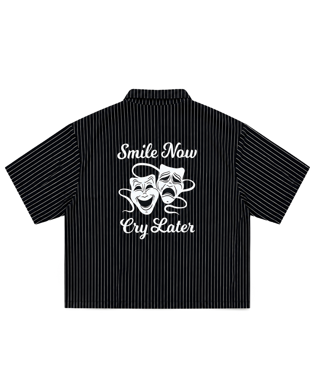 BLACK/WHITE PINSTRIPE SMILE NOW CRY LATER WORK SHIRT